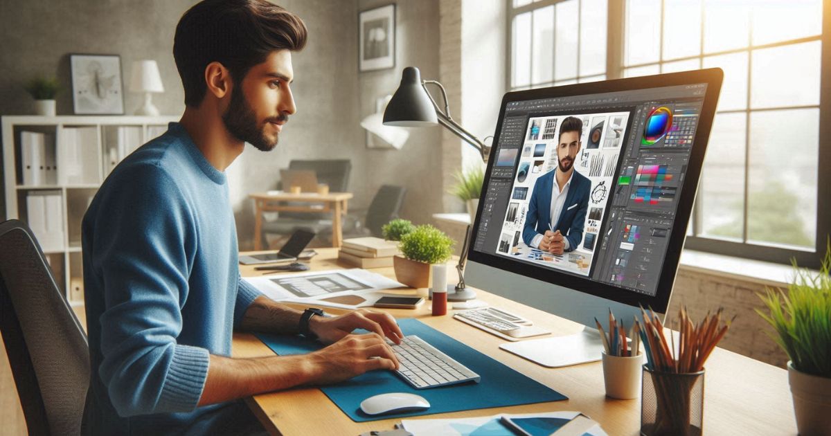 a man engaging in content creation with desktop by using tools