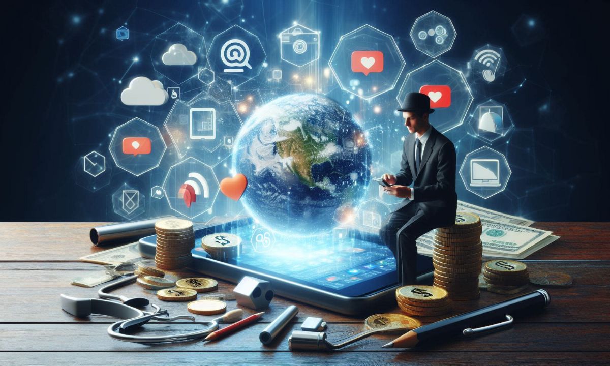 An artistic depiction of social media and affiliate marketing’s interconnectedness, with vibrant networks and strategic partnerships illustrated against a digital backdrop.