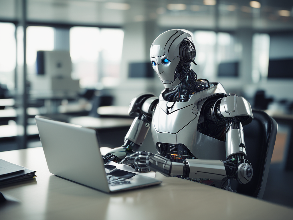 Ai advance robot working with laptop in office