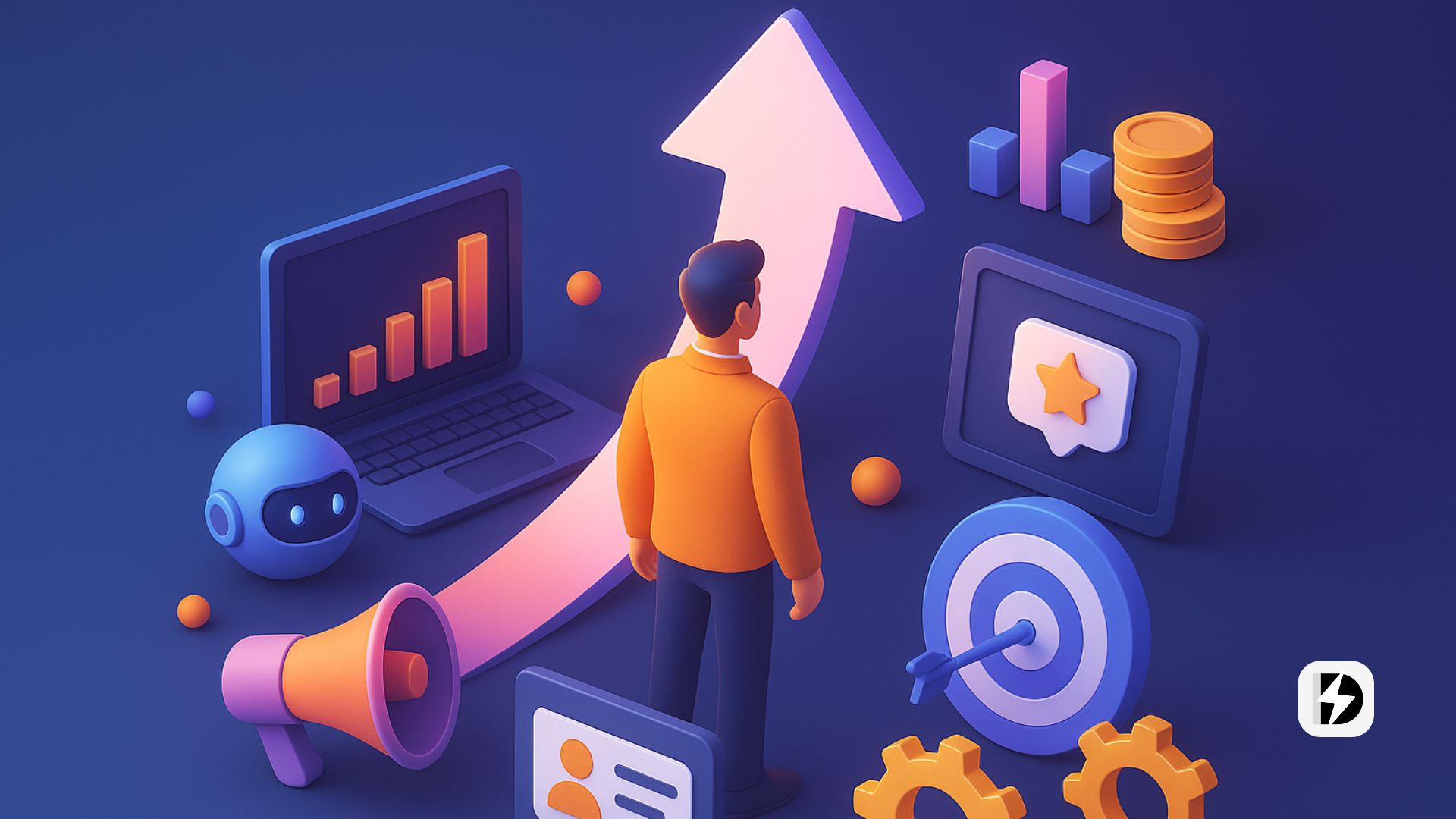 3D futuristic illustration showing a founder surrounded by digital marketing elements like analytics, AI, target, and growth arrow.